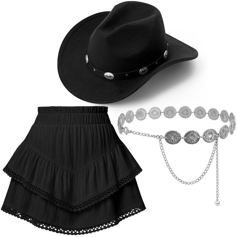 Cutecrop 3 Pcs Western Cowgirl Outfits Cowboy Hat Boho Ruffle Skirt Concho Belt for Country Concert Mardi Gras Party(Black,M) - Image 1