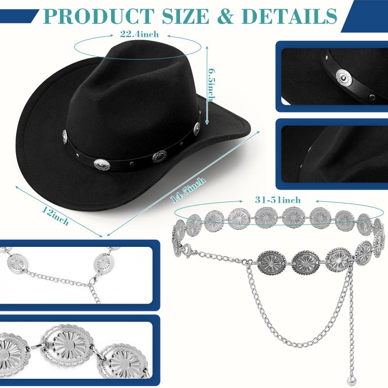 Cutecrop 3 Pcs Western Cowgirl Outfits Cowboy Hat Boho Ruffle Skirt Concho Belt for Country Concert Mardi Gras Party(Black,M) - Image 2