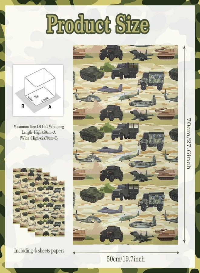 Boerni Army Military Gift Wrapping Paper, 4 Sheets Camouflage Wrapping Paper with Tanks, Helicopters Jets, Boys Birthday Gift Wrap(27 x 20 inches - Image 2