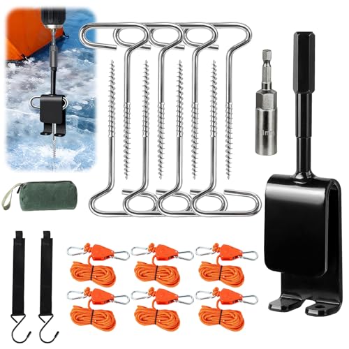 YIBOBO Heavy Duty Ice Anchor Drill Adapter Tool Kit, 19Pcs Stainless Steel Tent Stakes Set with 13FT Ratchet Ropes, Tent Hooks, Canvas Bag for Ice Fishing Shelter Setup (8Pcs Tent Stakes+6Pcs Rope Roller) - Image 1