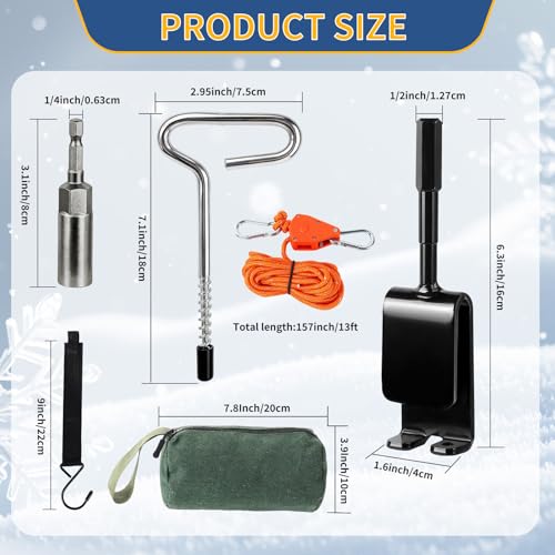 YIBOBO Heavy Duty Ice Anchor Drill Adapter Tool Kit, 19Pcs Stainless Steel Tent Stakes Set with 13FT Ratchet Ropes, Tent Hooks, Canvas Bag for Ice Fishing Shelter Setup (8Pcs Tent Stakes+6Pcs Rope Roller) - Image 5