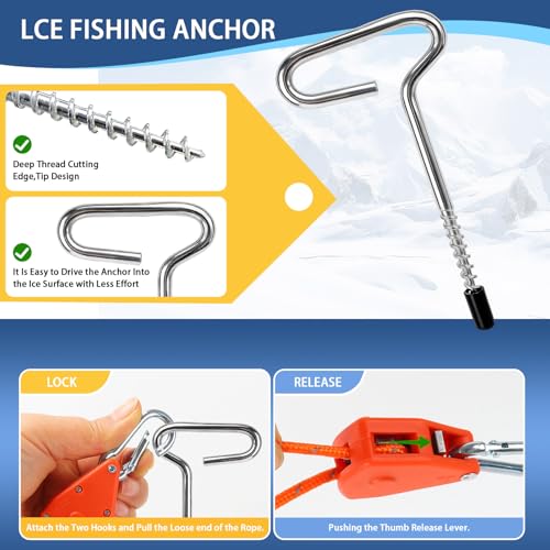 YIBOBO Heavy Duty Ice Anchor Drill Adapter Tool Kit, 19Pcs Stainless Steel Tent Stakes Set with 13FT Ratchet Ropes, Tent Hooks, Canvas Bag for Ice Fishing Shelter Setup (8Pcs Tent Stakes+6Pcs Rope Roller) - Image 3