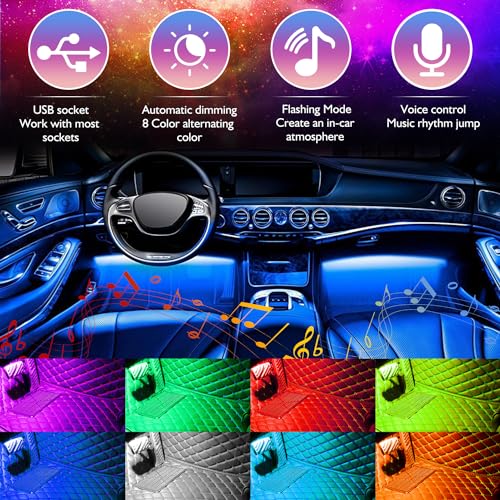 Sunnest Car LED Strip Lights Christmas, 4Pcs 48 LED Interior Lights, Multicolor Music Car Strip Light Under Dash Lighting Kit with Sound Active Function and Remote Controller, DC 5V - Image 2