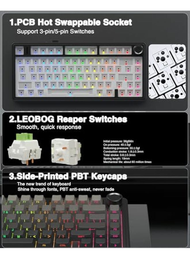 AULA F75 Pro Wireless Mechanical Keyboard, 75% Hot Swappable Custom Keyboard with Knob, RGB Backlit, Pre-lubed Reaper Switches, Side Printed PBT Keycaps, 2.4GHz/USB-C/BT5.0 Mechanical Gaming Keyboard - Image 5