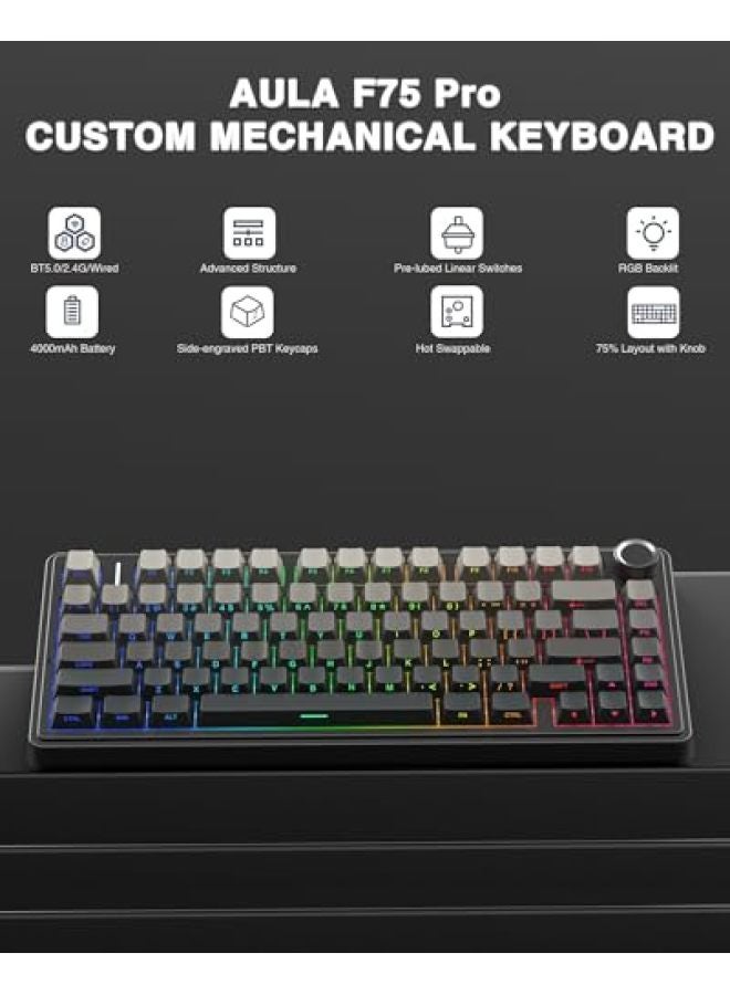 AULA F75 Pro Wireless Mechanical Keyboard, 75% Hot Swappable Custom Keyboard with Knob, RGB Backlit, Pre-lubed Reaper Switches, Side Printed PBT Keycaps, 2.4GHz/USB-C/BT5.0 Mechanical Gaming Keyboard - Image 2