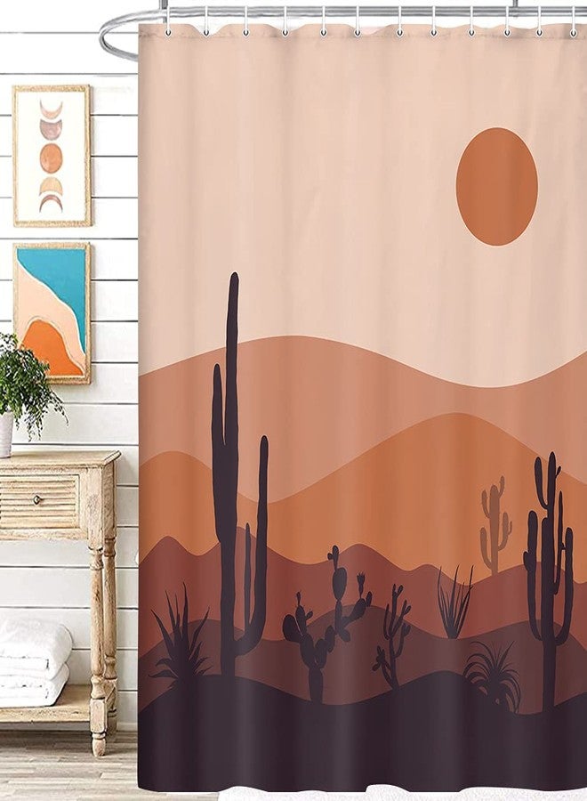 VeiVian Mid Century Modern Boho Mountain Cactus Abstract Curtain Set, Desert Landscape Art Minimalist Sunset Sunrise Bohemian Aesthetic Fabric Shower Curtain for Bathroom 70X70IN - Image 2