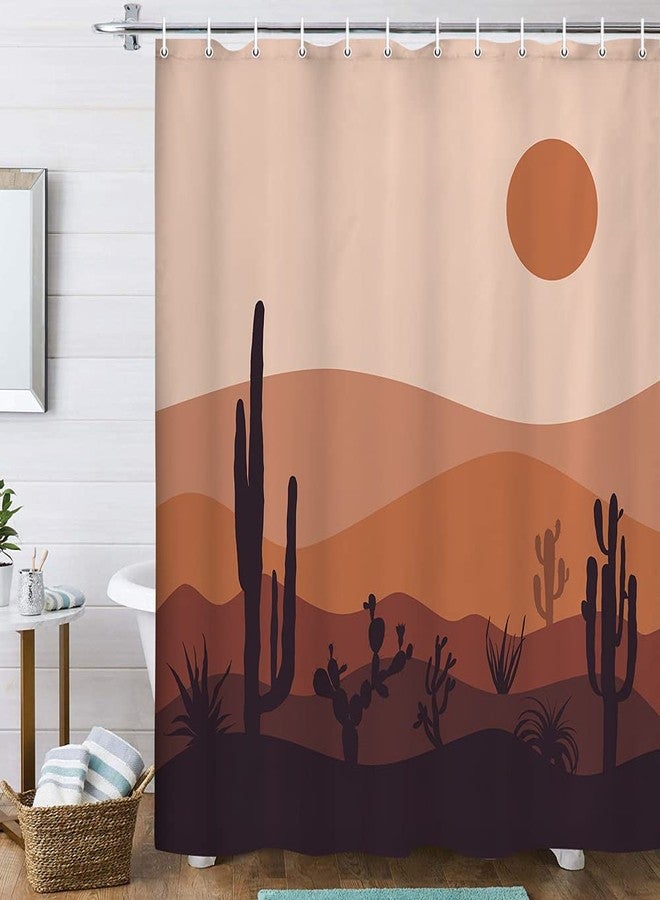 VeiVian Mid Century Modern Boho Mountain Cactus Abstract Curtain Set, Desert Landscape Art Minimalist Sunset Sunrise Bohemian Aesthetic Fabric Shower Curtain for Bathroom 70X70IN - Image 3