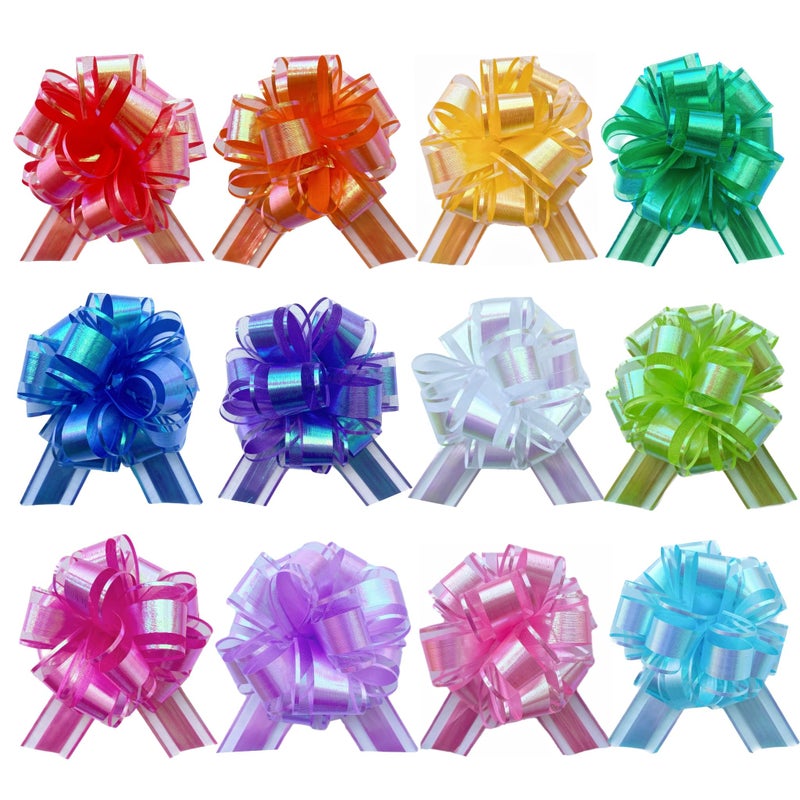 BXCMYDR 12PCS Rainbow Color Pull Bows for Gift Wrapping, 6 Inches Large Gift Bow, Colorful Laser Ribbon Decoration for Flower Bouquets and Basket, Aurora Bows for Birthday Presents, Anniversary, Wedding - Image 1
