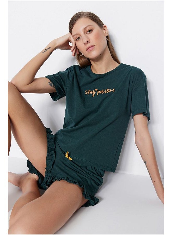trendyol Dark Green 100% Cotton Embroidered Ruffle Detail Knitted Pajama Set with Shorts  - Image 1
