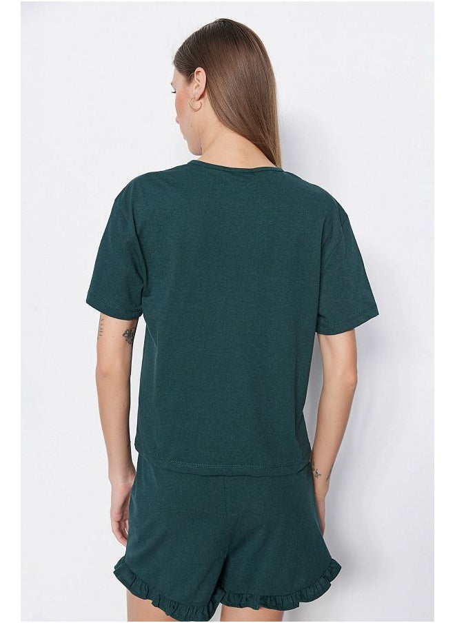 trendyol Dark Green 100% Cotton Embroidered Ruffle Detail Knitted Pajama Set with Shorts  - Image 2