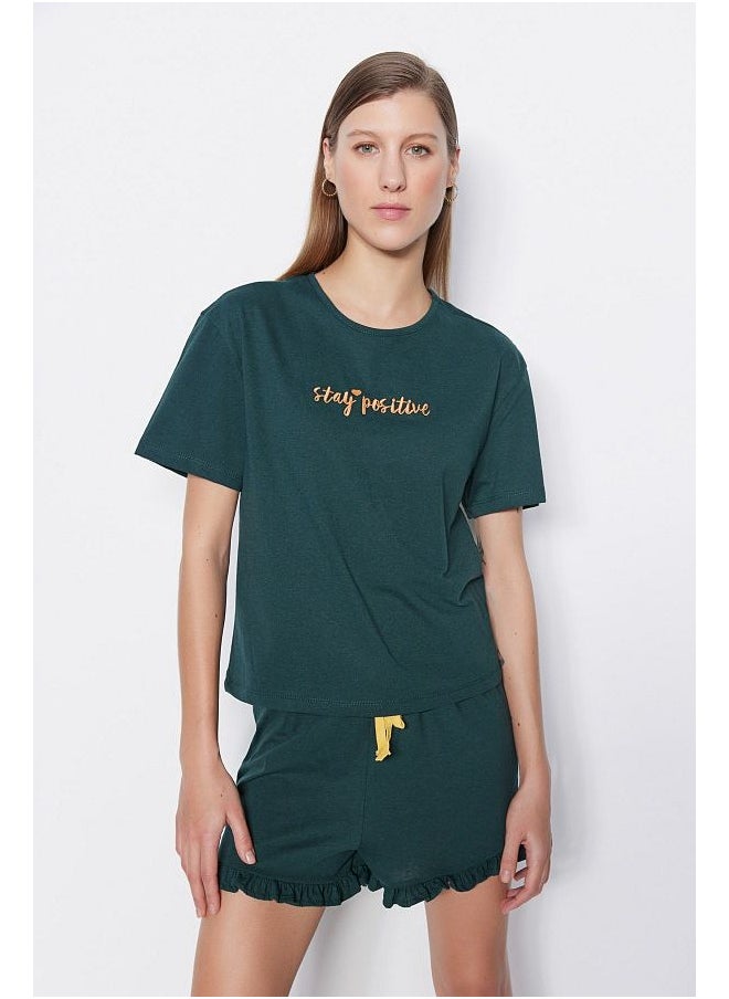 trendyol Dark Green 100% Cotton Embroidered Ruffle Detail Knitted Pajama Set with Shorts  - Image 3