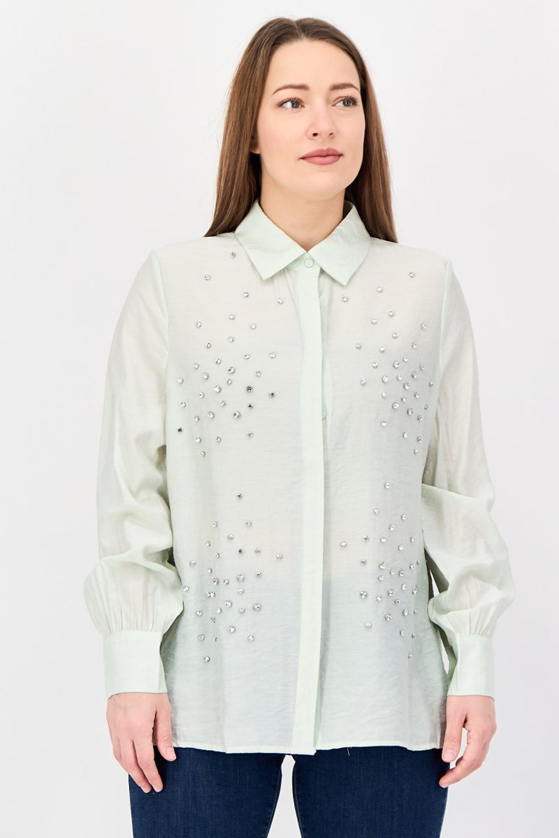 bebe Women Spread Collar Long Sleeve Textured Shirt, Sage Green - Image 1