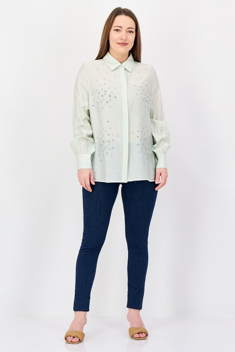 bebe Women Spread Collar Long Sleeve Textured Shirt, Sage Green - Image 4