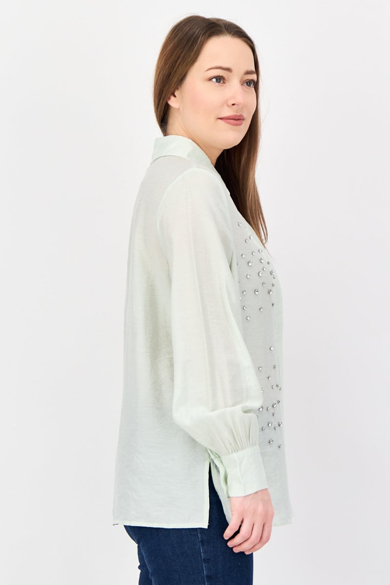 bebe Women Spread Collar Long Sleeve Textured Shirt, Sage Green - Image 2