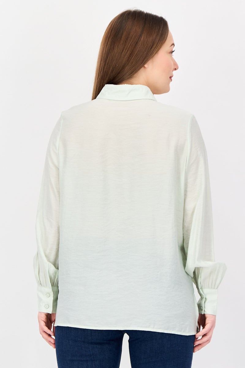 bebe Women Spread Collar Long Sleeve Textured Shirt, Sage Green - Image 3