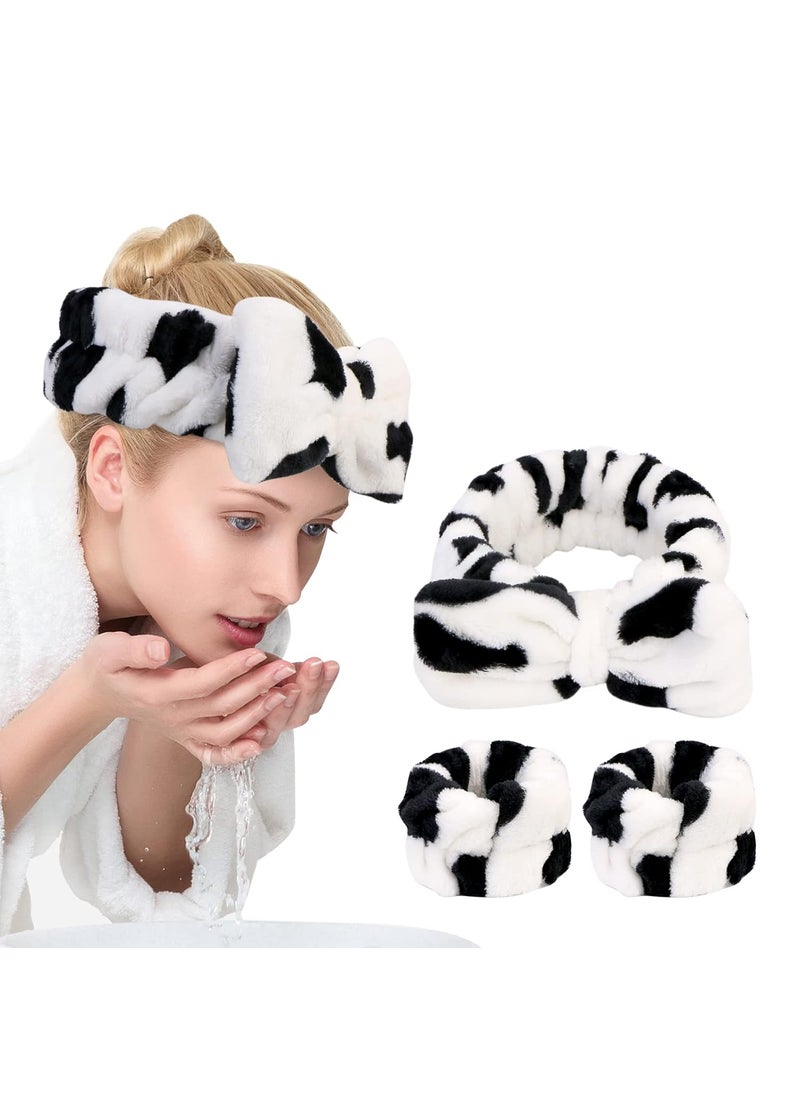UNIMEIX - UNIMEIX 3 Pack Spa Headband and Wrist Washband Face Wash SetReusable Soft Makeup Headband Fleece Skincare Headbands for Washing Face Shower Cow - Image 1
