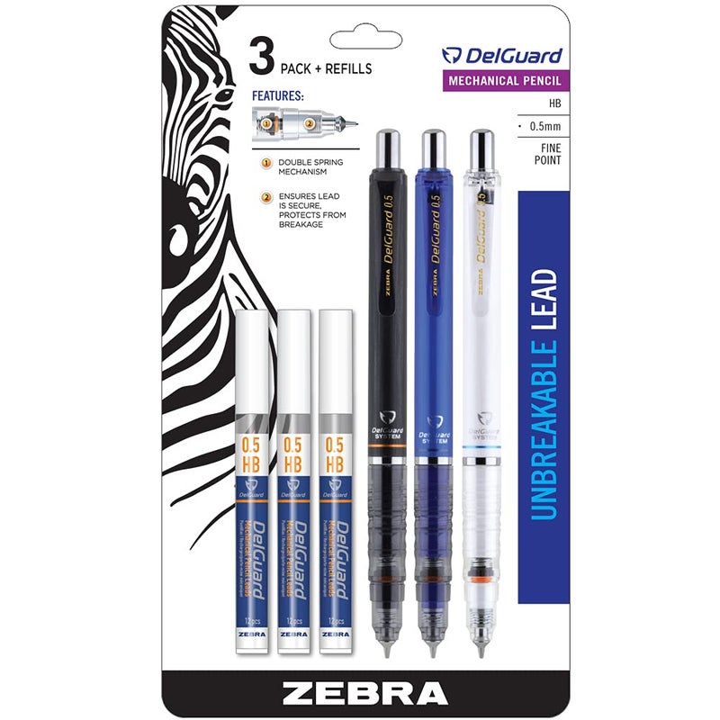 Zebra Pen DelGuard Mechanical Pencil 05mm Black Blue White Barrel Resists Lead Breaking Double Spring Protection BuiltIn Eraser 3Pack with Refills Clip for Easy Carrying 58603 - Image 2