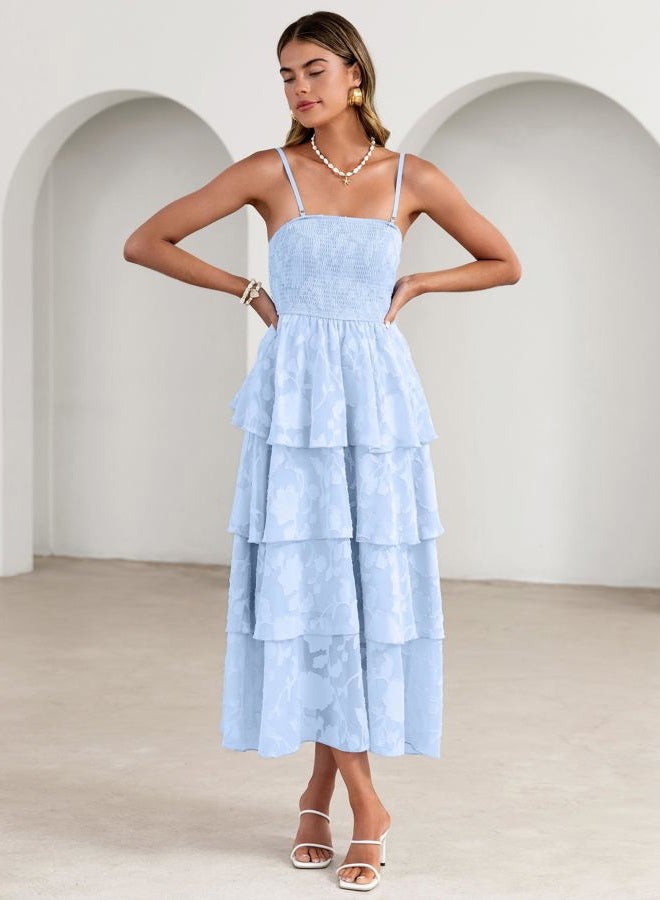 SIMPLEE Womens Summer Boho Smocked Maxi Dress 2026 Strapless Casual Sleeveless Off Shoulder Tiered Beach Long Sundress, Blue, XL - Image 2