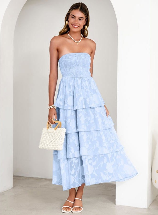 SIMPLEE Womens Summer Boho Smocked Maxi Dress 2026 Strapless Casual Sleeveless Off Shoulder Tiered Beach Long Sundress, Blue, XL - Image 3