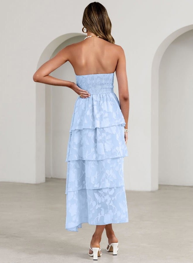 SIMPLEE Womens Summer Boho Smocked Maxi Dress 2026 Strapless Casual Sleeveless Off Shoulder Tiered Beach Long Sundress, Blue, XL - Image 5