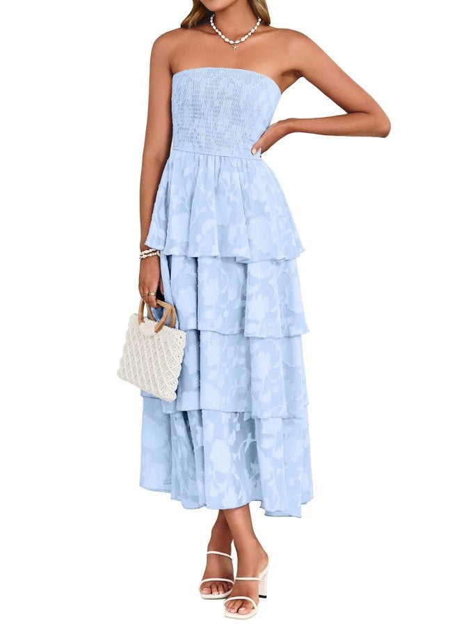 SIMPLEE Womens Summer Boho Smocked Maxi Dress 2026 Strapless Casual Sleeveless Off Shoulder Tiered Beach Long Sundress, Blue, XL - Image 1