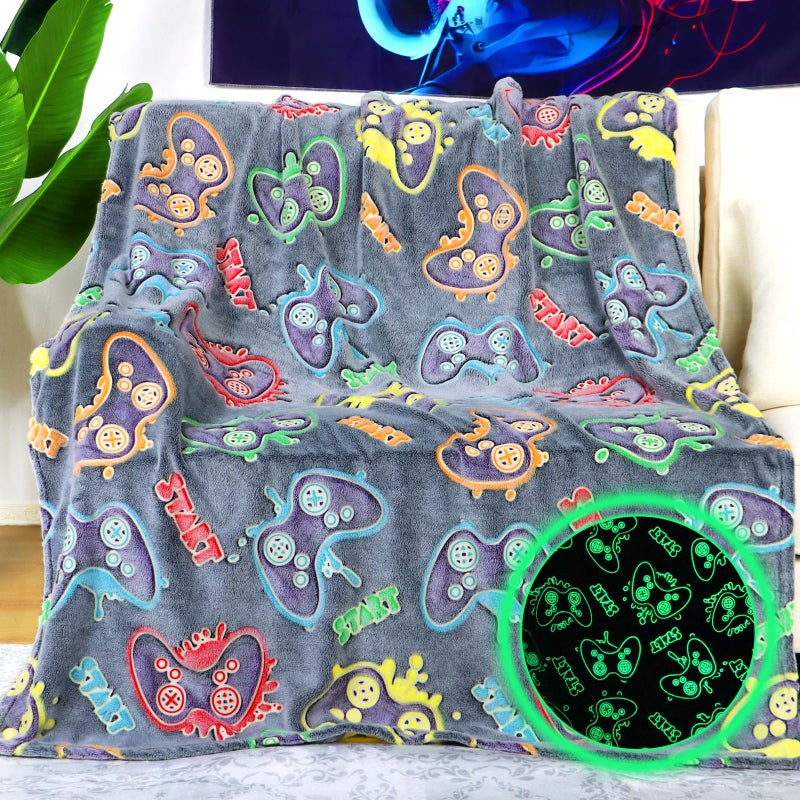Kivee KIVEE Gamer Gifts for Teen Boys Glow in The Dark Blanket for Boys 7 8 9 10 11 12 13 14 15 16 17 18 Year Old Gaming Accessories Gamer Presents for Kids Birthday  - Image 1