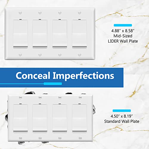 LIDER Matte Finish Quadruple Decorator Switch Cover, 4 Gang Outlet Wall Plate, Mid-Size 4-Gang 4.88" x 8.58", Unbreakable Polycarbonate Thermoplastic, UL Listed, LWP-34M-W, White - Image 2