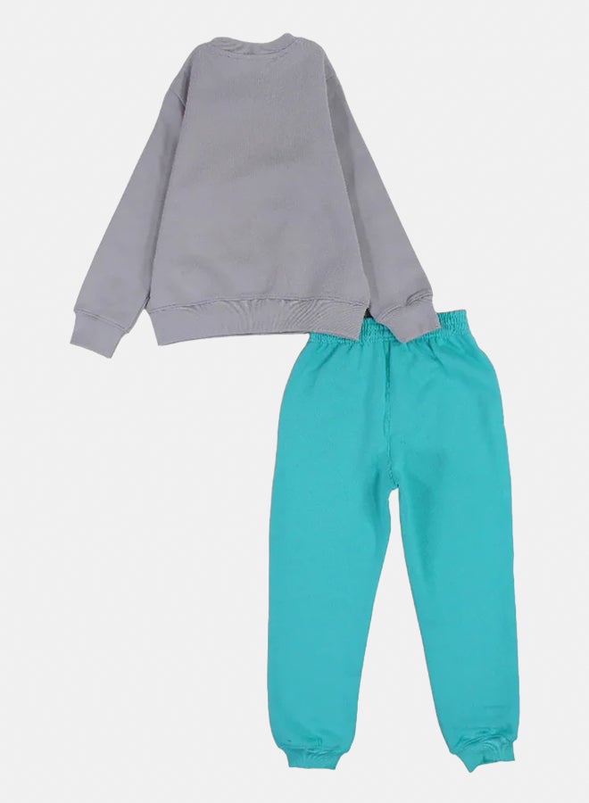 Girls Cotton Pajama Set – Grey & Aqua with Stitch Print - Image 2