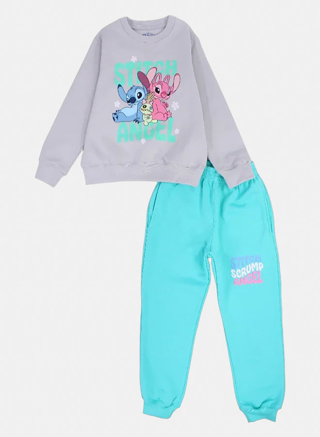Girls Cotton Pajama Set – Grey & Aqua with Stitch Print - Image 1