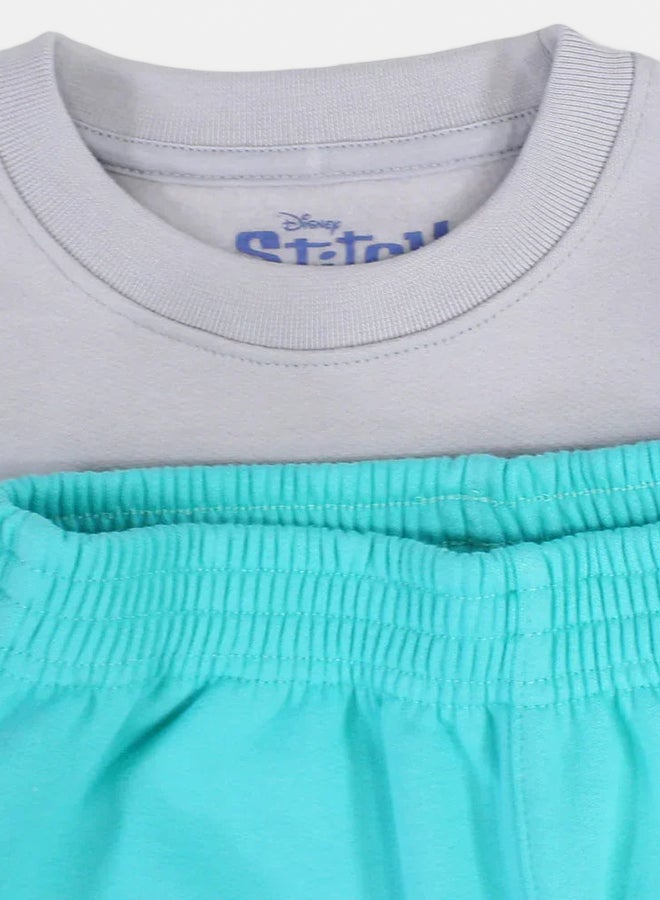 Girls Cotton Pajama Set – Grey & Aqua with Stitch Print - Image 3