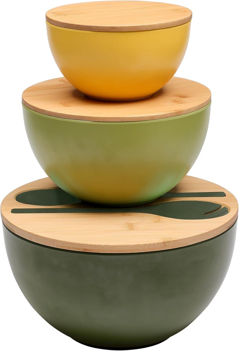 ECOWAY Salad Bowls Set of 3 with Lid  Serving Utensils Colorful Serving Bowls Bamboo Fiber Salad Bowls with Bamboo Lid Kitchen Bowls for Salad Kitchen Eating Pasta Popcorn Fruit 3 Colors - Image 1