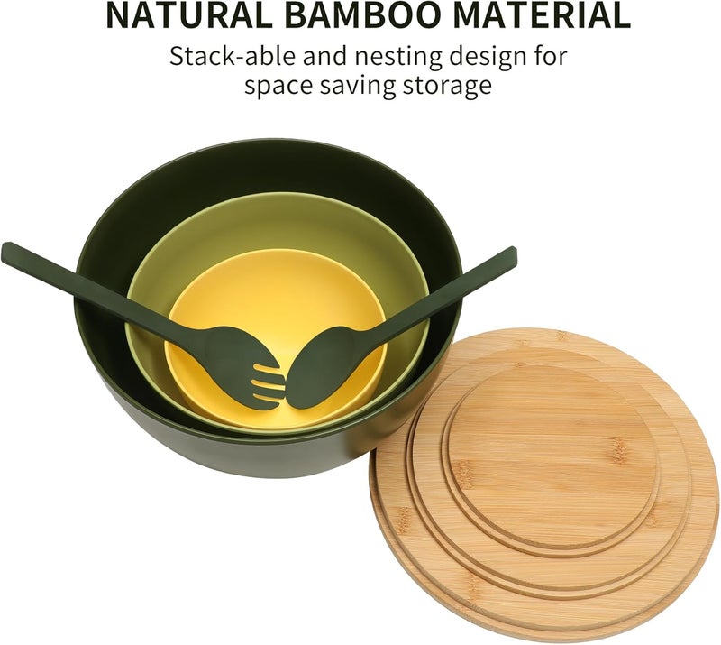 ECOWAY Salad Bowls Set of 3 with Lid  Serving Utensils Colorful Serving Bowls Bamboo Fiber Salad Bowls with Bamboo Lid Kitchen Bowls for Salad Kitchen Eating Pasta Popcorn Fruit 3 Colors - Image 4