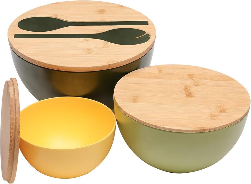 ECOWAY Salad Bowls Set of 3 with Lid  Serving Utensils Colorful Serving Bowls Bamboo Fiber Salad Bowls with Bamboo Lid Kitchen Bowls for Salad Kitchen Eating Pasta Popcorn Fruit 3 Colors - Image 3
