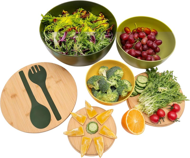 ECOWAY Salad Bowls Set of 3 with Lid  Serving Utensils Colorful Serving Bowls Bamboo Fiber Salad Bowls with Bamboo Lid Kitchen Bowls for Salad Kitchen Eating Pasta Popcorn Fruit 3 Colors - Image 2