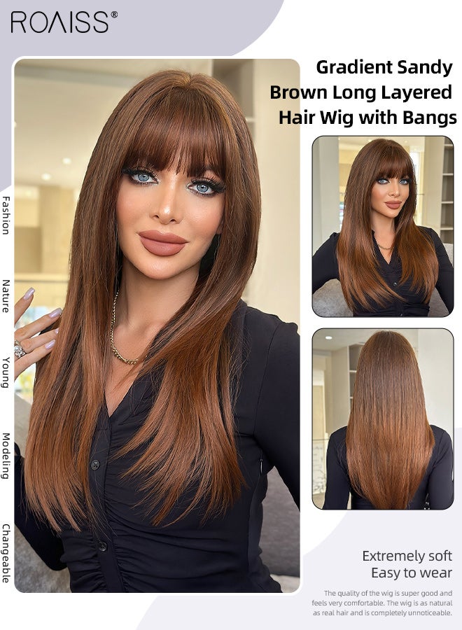 roaiss Long Straight Gradient Sandy Brown Layered Hair Wig with Bangs for Women Natural Soft Fluffy Synthetic Heat Resistant Wig for Wedding Cosplay Party Daily Use, 65cm (25.59in) - Image 1