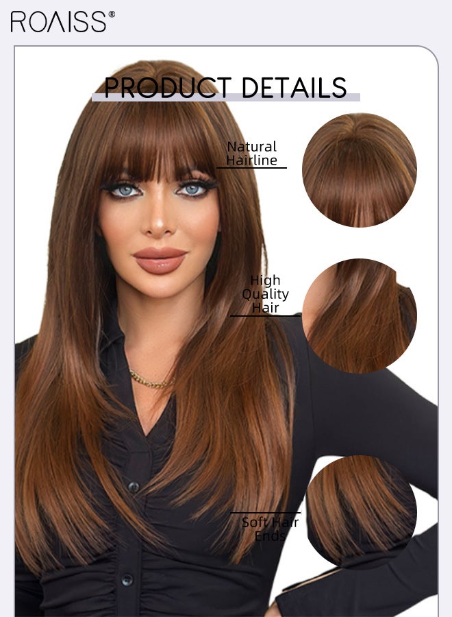 roaiss Long Straight Gradient Sandy Brown Layered Hair Wig with Bangs for Women Natural Soft Fluffy Synthetic Heat Resistant Wig for Wedding Cosplay Party Daily Use, 65cm (25.59in) - Image 4