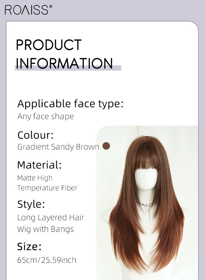 roaiss Long Straight Gradient Sandy Brown Layered Hair Wig with Bangs for Women Natural Soft Fluffy Synthetic Heat Resistant Wig for Wedding Cosplay Party Daily Use, 65cm (25.59in) - Image 2