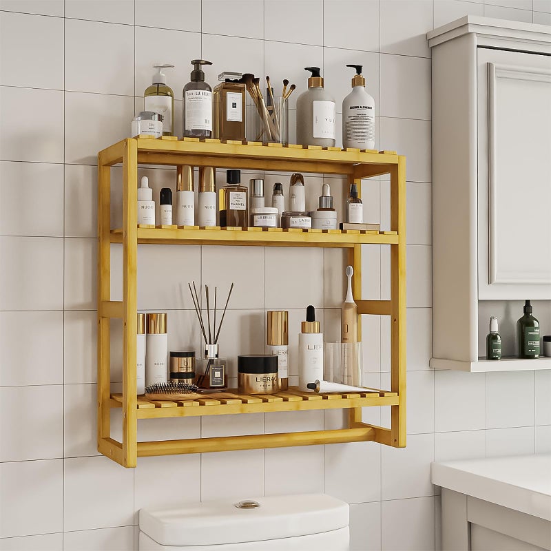 Galood Over The Toilet Storage Bathroom Shelves Wall Mounted 3 Tier Space Saver Corner Shelf Organizer Bamboo Towel Rack Toilet Paper Cabinet with Hanging Rod Yellow - Image 3
