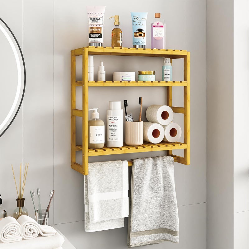Galood Over The Toilet Storage Bathroom Shelves Wall Mounted 3 Tier Space Saver Corner Shelf Organizer Bamboo Towel Rack Toilet Paper Cabinet with Hanging Rod Yellow - Image 2