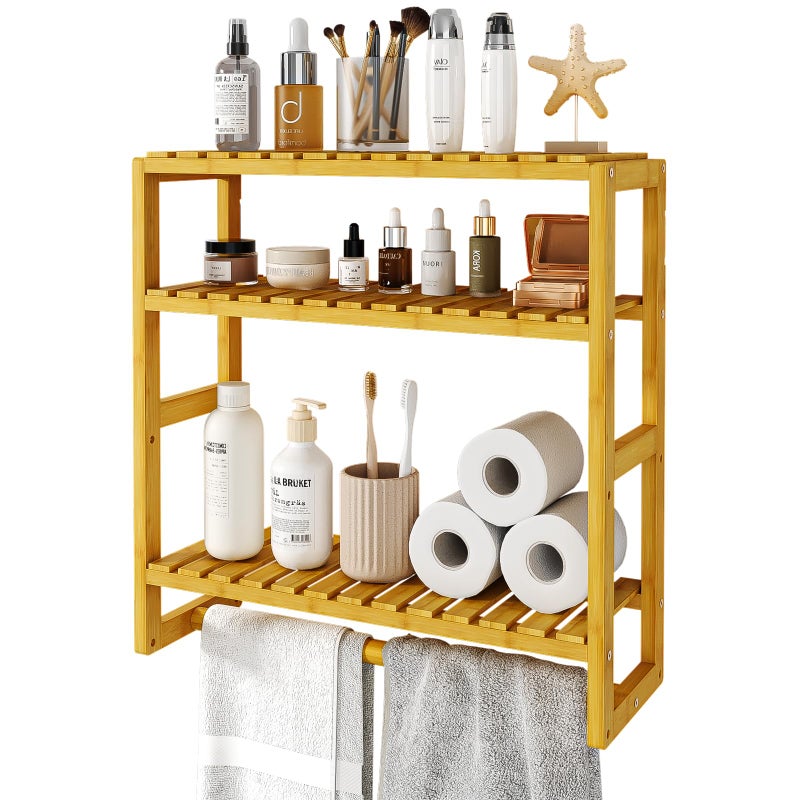 Galood Over The Toilet Storage Bathroom Shelves Wall Mounted 3 Tier Space Saver Corner Shelf Organizer Bamboo Towel Rack Toilet Paper Cabinet with Hanging Rod Yellow - Image 1