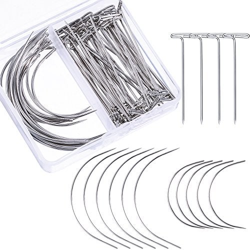 Bememo 70 Pieces Wig Making Pins Needles Set, T Pins and C Curved Hair Weave Needles for Wig Making, Blocking Knitting, Modelling and Crafts - Image 1