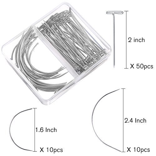 Bememo 70 Pieces Wig Making Pins Needles Set, T Pins and C Curved Hair Weave Needles for Wig Making, Blocking Knitting, Modelling and Crafts - Image 2