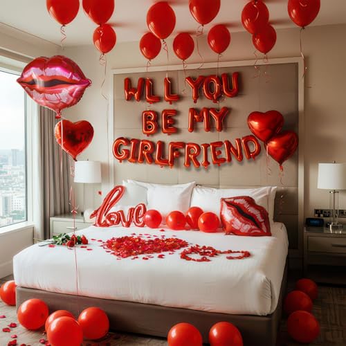 yeewaka 16 Inches Red WILL YOU BE MY GIRLFRIEND Confession Letter Balloons with HeartShape lips love Foil Balloons and Rose Petals for Romantic Special Night Decorations and Valentines Day - Image 1