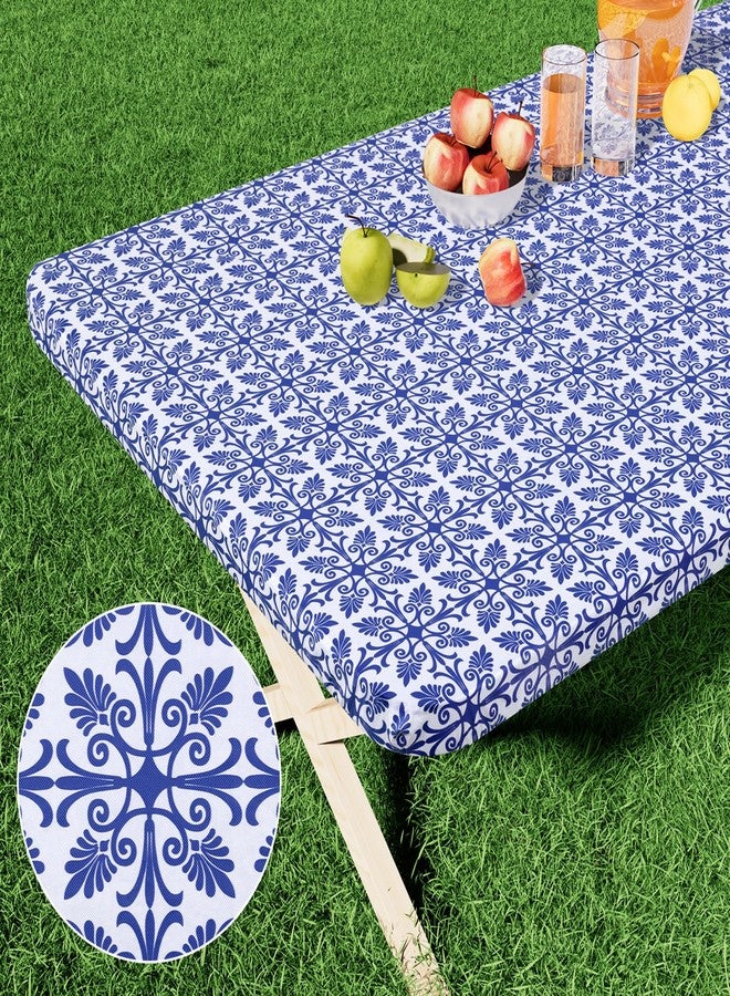 misaya Rectangle Vinyl Table Cloth, Elastic Fitted Flannel Backed Tablecloth, 100% Waterproof Plastic Table Cover Fits 6 Foot Folding Tables for Picnic, Camping, Outdoor (Blue, 30" x 72") - Image 1