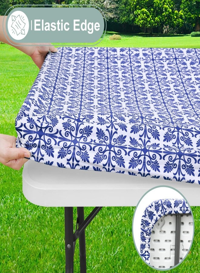misaya Rectangle Vinyl Table Cloth, Elastic Fitted Flannel Backed Tablecloth, 100% Waterproof Plastic Table Cover Fits 6 Foot Folding Tables for Picnic, Camping, Outdoor (Blue, 30" x 72") - Image 2