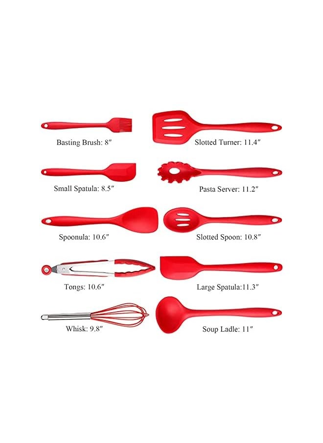 erorex - Shopnic 10pcs Kitchen Utensil Set - Silicone Kitchenware Cooking Utensils - Non Stick Cooking Turner Tong Baking Brush Spatula Spoon Whisk Soup Ladle Heat Resistant Cookware with Hook Hole (Red) - Image 1