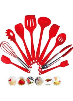 Shopnic 10pcs Kitchen Utensil Set - Silicone Kitchenware Cooking Utensils - Non Stick Cooking Turner Tong Baking Brush Spatula Spoon Whisk Soup Ladle Heat Resistant Cookware with Hook Hole (Red)