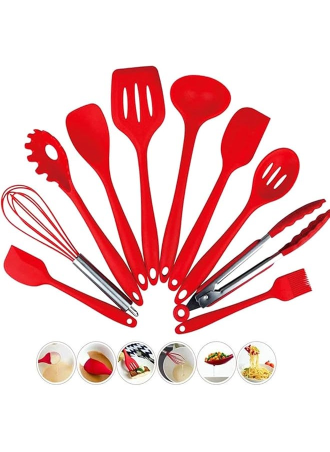 erorex - Shopnic 10pcs Kitchen Utensil Set - Silicone Kitchenware Cooking Utensils - Non Stick Cooking Turner Tong Baking Brush Spatula Spoon Whisk Soup Ladle Heat Resistant Cookware with Hook Hole (Red) - Image 1