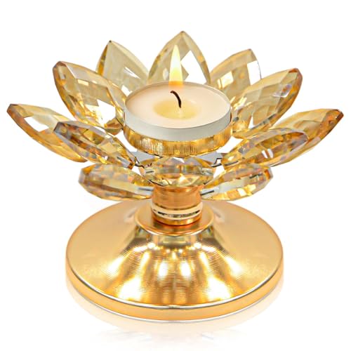 kehail 1 PC Gold Crystal Flower Tea Light Holder, Glass Tealight Candlestick with Metal Base, Votive Candle for Table Centerpiece, Wedding/Parties Decor, Nice Gift - Image 1