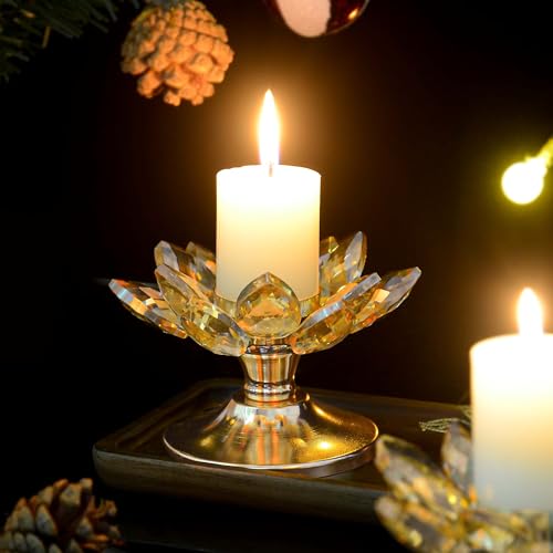 kehail 1 PC Gold Crystal Flower Tea Light Holder, Glass Tealight Candlestick with Metal Base, Votive Candle for Table Centerpiece, Wedding/Parties Decor, Nice Gift - Image 4